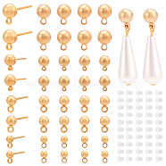 40Pcs 4 Size Rack Plating Brass Ball Stud Earring Post, with Horizontal Loops and 50Pcs Plastic Ear Nuts, Light Gold, 6.5~10x3~6mm, Hole: 1.2~1.4mm, Pin: 0.7mm, 10Pcs/size(KK-BC0009-94)