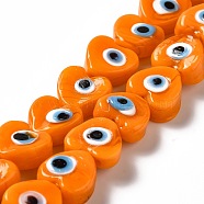 Handmade Evil Eye Lampwork Beads Strands, Heart, Orange, 12x12x6mm, Hole: 1.4mm, about 33pcs/strand, 14.37''~14.57''(36.5~37cm)(LAMP-E023-07B-08)