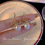 Bowknot Ball Stainless Steel Crystal Rhinetone & Imitation Pearl Dangle Earrings for Women, Golden(VN2665-1)
