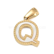 Natural White Shell Alphabet Pendants, Ion Plating(IP) Real 18K Gold Plated 304 Stainless Steel Charms, Letter Q, 17x12.5x1.5mm, Hole: 5x3mm(STAS-M338-02G-Q)