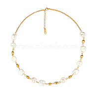 Natural Pearl Square & Flat Round Beaded Necklace with Stainless Steel Chains for Women, Golden, 15.75 inch(40cm)(SX4591-1)