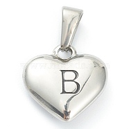 304 Stainless Steel Pendants, Heart with Black Letter, Stainless Steel Color, Letter.B, 16x16x4.5mm, Hole: 7x3mm(STAS-P278-01B-P)