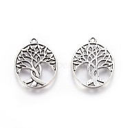 Tibetan Style Zinc Alloy Pendants, Oval with Tree of Life, Antique Silver, 31.5x23.5x1.5mm, Hole: 1.5mm(PALLOY-P178-03AS)
