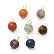 Natural Mixed Gemstone Charms, Golden Brass Findings, Round, 13.5x8.5mm, Hole: 3mm(PALLOY-JF00992-02)