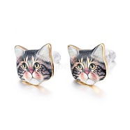 Real 14K Gold Plated Alloy Kitten Stud Earrings, with Enamel and Environment Stainless Steel Pin, Printed, Cat Pattern, Light Grey, 10~10.5x10.5~11mm, pin: 0.7mm(EJEW-G148-01G-06)