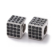 925 Sterling Silver Beads, with Cubic Zirconia, Real Platinum Plated, Cube, Black, 7x7.5x7.5mm, Hole: 3.8mm(STER-Z005-14A-03)