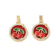 Rack Plating Brass Micro Pave Cubic Zirconia Pendants, Enamel Flat Round with Cherry Charms, Long-Lasting Plated, Real 18K Gold Plated, 17x15x3mm, Hole: 5x2.5mm(KK-C037-02G)