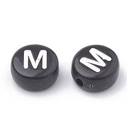 Opaque Acrylic Beads, Horizontal Hole, Alphabet Style, Flat Round, Letter.M, 7x4mm, Hole: 1.5mm, about 3700pcs/500g(SACR-N002-02M)