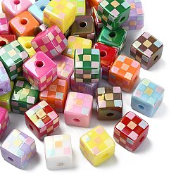 UV Plating Opaque Iridescent Acrylic European Beads, Cube with Tartan Pattern Large Hole Bead, Mixed Color, 14x14x14mm, Hole: 3.5mm(OACR-CJZ0001-02)