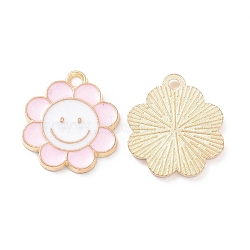Alloy Enamel Pendants, Flower with Smiling Face Charm, Light Gold, Pink, 18.5x16x1.5mm, Hole: 1.8mm(PALLOY-D015-07A)