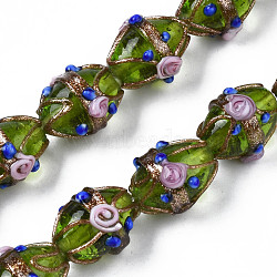 Handmade Gold Sand Lampwork Beads Strands, Ovald with Flower, Olive, 16~17x13~15x12~13mm, Hole: 1.4~1.8mm, about 30pcs/strand, 19.69 inch(50cm)(LAMP-N021-40F)