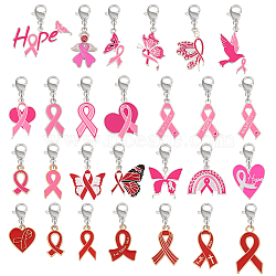 Breast Cancer Pink Awareness Ribbon Alloy Enamel Pendant Decorations, with Zinc Alloy Lobster Claw Clasps, Mixed Color, 30~40mm, 54pcs/set(HJEW-AB00616)