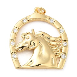 Rack Plating Brass Micro Pave Cubic Zirconia Pendants, Long-Lasting Plated, Cadmium Free & Lead Free, Horse, Real 18K Gold Plated, 29.5x26.5x4.5mm, Hole: 3mm(KK-I706-08G)