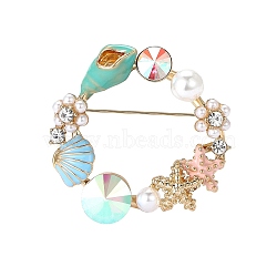 Ring with Conch & Starfish Enamel Pin, Alloy Rhinestone Brooch for Backpack Clothes, with Imitation Pearl Beads, Colorful, 44x43mm(PW-WG7F467-01)