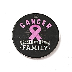 Breast Cancer Pink Awareness Ribbon Style 201 Stainless Steel Pendants, Flat Round, Stainless Steel Color, Black, 25x1mm, Hole: 1.8mm(STAS-J041-03F)