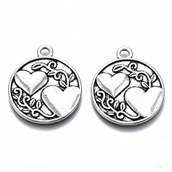 Tibetan Style Alloy Pendants, Lead Free & Cadmium Free, Flat Round with Heart & Word, Antique Silver, 28.5x24x2mm, Hole: 2.5mm(X-TIBE-S314-127AS-RS)