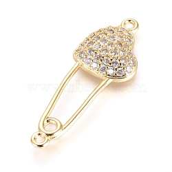 Brass Micro Pave Cubic Zirconia Links connectors, Safety Pin Shape with Heart, Clear, Golden, 34x12x4mm, Hole: 1.5mm(KK-I657-14G)
