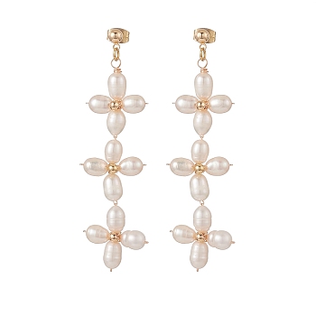Natural Pearl Flower Long Dangle Stud Earrings, Brass Wire Wrap Jewelry for Women, Golden, 66mm, Pin: 0.8mm