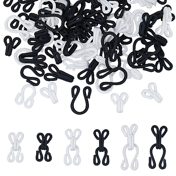 72Pcs 6 Styles Polyester Garment Hook and Eye, Collar/Dress/Trouser Buckle Hooks Eyes, Mixed Color, 24~37x12~13.5x8~9mm, Hole: 7~14x4.5~9mm, 12pcs/style