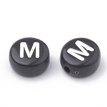 Opaque Acrylic Beads, Horizontal Hole, Alphabet Style, Flat Round, Letter.M, 7x4mm, Hole: 1.5mm, about 3700pcs/500g
