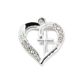 UV Plating Alloy Rhinestone Pendants, Heart with Cross Charms, Platinum, 19.5x17.5x2.5mm, Hole: 2mm