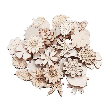 100Pcs Unfinished Wood Piece Decorations, DIY Craft Supplies, Hollow out Leaf & Flowers & Mushrooms & Acorns, Antique White, 2.4~2.8x1.5~2.8x0.2~0.3cm