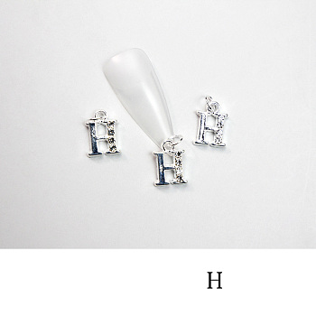 Alloy Rhinestone Cabochons, Nail Art Decoration Accessories, with Jump Ring, Letter, Platinum, Letter.H, 11~14x5~12mm