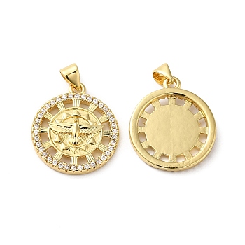 Rack Plating Brass Pave Cubic Zirconia Pendants, Lead Free & Cadmium Free, Long-Lasting Plated, Flat Round with Bird Pattern Charm, Real 18K Gold Plated, 23x20x4mm, Hole: 4x3.5mm
