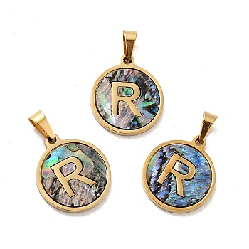 Vacuum Plating 304 Stainless Steel with Paua Shell Pendants, Golden, Flat Round with Letter Charm, Letter.R, 18x16x1.5mm, Hole: 3x6mm