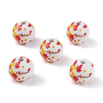 Autumn Printed Natural Wood European Beads, Large Hole Bead, Round with Maple Leaf Pattern, Red, 19.5mm, Hole: 4.5mm