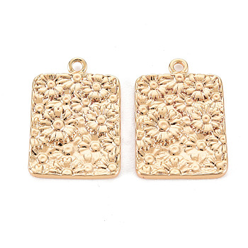 Brass Pendants, Nickel Free, Rectangle with Flower, Real 18K Gold Plated, 18x12.5x1.5mm, Hole: 1.2mm
