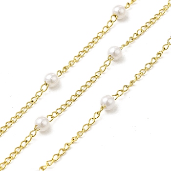 Ion Plating(IP) 316 Surgical Stainless Steel Curb Chains, Glass Pearl Round Charm Chain, Soldered, with Spool, Real 18K Gold Plated, Link: 2x1.5x0.5mm, Round: 3mm