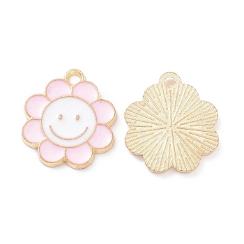 Alloy Enamel Pendants, Flower with Smiling Face Charm, Light Gold, Pink, 18.5x16x1.5mm, Hole: 1.8mm
