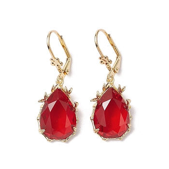 Glass Leverback Earring, with Brass Finding, Teardrop, Red, 40.5x14.5mm