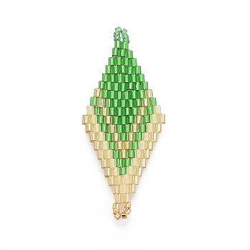MIYUKI & TOHO Handmade Japanese Seed Beads Links, Loom Pattern, Rhombus, Lime Green, 44.6~45.2x17.8~18.6x1.6~1.7mm, Hole: 1.4~1.6mm