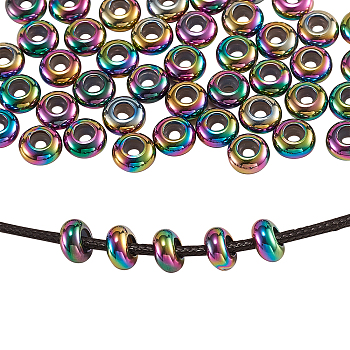 Ion Plating(IP) 304 Stainless Steel Beads, with Rubber Inside, Slider Beads, Stopper Beads, Rondelle, Rainbow Color, 8x4mm, Hole: 4mm, 50pcs/box