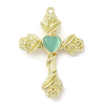 Alloy with Glass Pendants, Cross with Rose Charms, Golden, Pale Turquoise, 35x25x5mm, Hole: 1.4mm