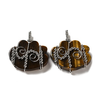 Natural Tiger Eye Copper Wire Wrapped Pendants, Cloud Charms with Brass Beads, Rack Plating, Platinum, 47~50x44.5~45x11~12mm, Hole: 6x5.5mm