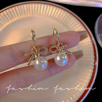 Bowknot Ball Stainless Steel Crystal Rhinetone & Imitation Pearl Dangle Earrings for Women, Golden