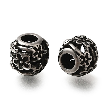 304 Stainless Steel European Beads, Large Hole Beads, Rondelle with Flower, Antique Silver, 10.5x10mm, Hole: 4.5mm