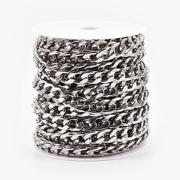 304 Stainless Steel Cuban Link Chains, Chunky Curb Chains, Unwelded, with Spool, Stainless Steel Color, 13~14x10x3mm, about 32.8 Feet(10m)/roll