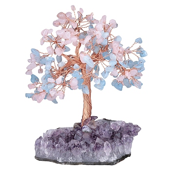 Natural Rose Quartz & Aquamarine Chips Tree of Life Decorations, Rough Raw Amethyst Base with Copper Wire Feng Shui Energy Stone Gift for Women Men Meditation, 89~101x114~152mm