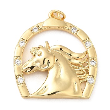 Rack Plating Brass Micro Pave Cubic Zirconia Pendants, Long-Lasting Plated, Cadmium Free & Lead Free, Horse, Real 18K Gold Plated, 29.5x26.5x4.5mm, Hole: 3mm