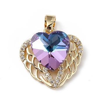 Real 18K Gold Plated Rack Plating Brass Micro Pave Clear Cubic Zirconia Pendants, with Glass, Long-Lasting Plated, Cadmium Free & Lead Free, Heart Charm, Medium Purple, 19x19x8mm, Hole: 5x3mm