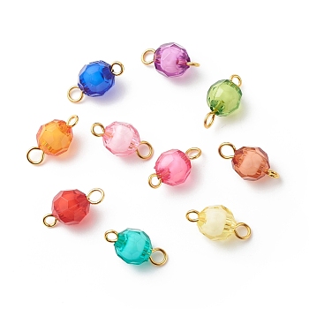 Transparent Acrylic Connector Charms, Faceted, with Golden Plated Brass Double Loops, Round, Mixed Color, 14x7.5mm, Hole: 1.5mm and 2mm