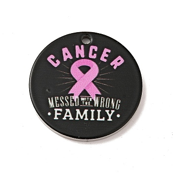 Breast Cancer Pink Awareness Ribbon Style 201 Stainless Steel Pendants, Flat Round, Stainless Steel Color, Black, 25x1mm, Hole: 1.8mm
