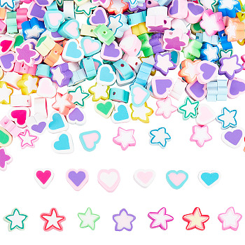 Nbeads 240Pcs 2 Styles Handmade Polymer Clay Beads, Heart & Star, Mixed Color, 120pcs/style