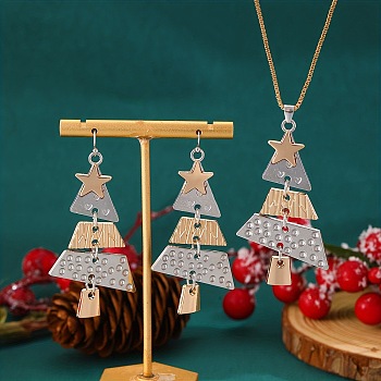 Christmas Tree Alloy Pendant Necklaces & Dangle Earrings Sets, Platinum & Golden, 450mm & 68x33mm