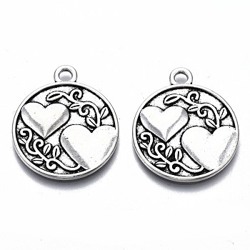 Tibetan Style Alloy Pendants, Lead Free & Cadmium Free, Flat Round with Heart & Word, Antique Silver, 28.5x24x2mm, Hole: 2.5mm