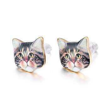 Real 14K Gold Plated Alloy Kitten Stud Earrings, with Enamel and Environment Stainless Steel Pin, Printed, Cat Pattern, Light Grey, 10~10.5x10.5~11mm, pin: 0.7mm